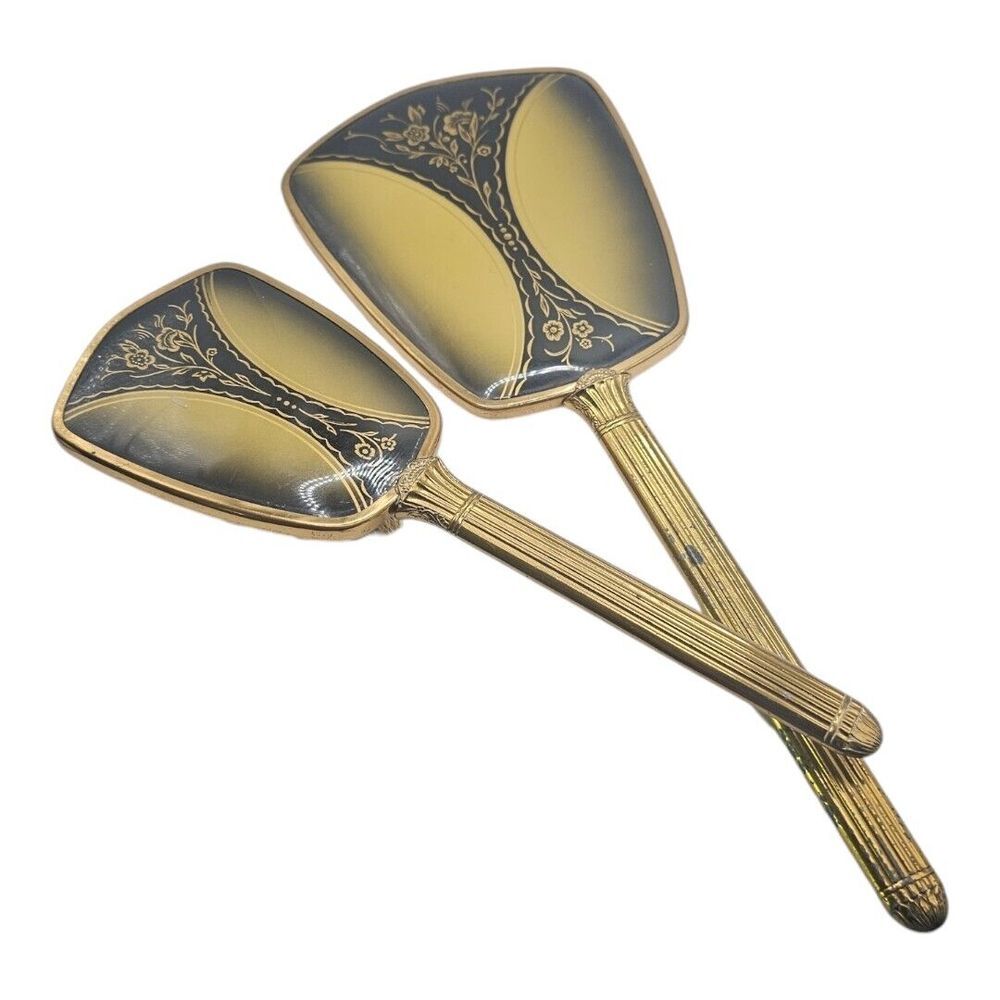 Vtg Vanity Set Hand Mirror And Brush Floral‎ Gold